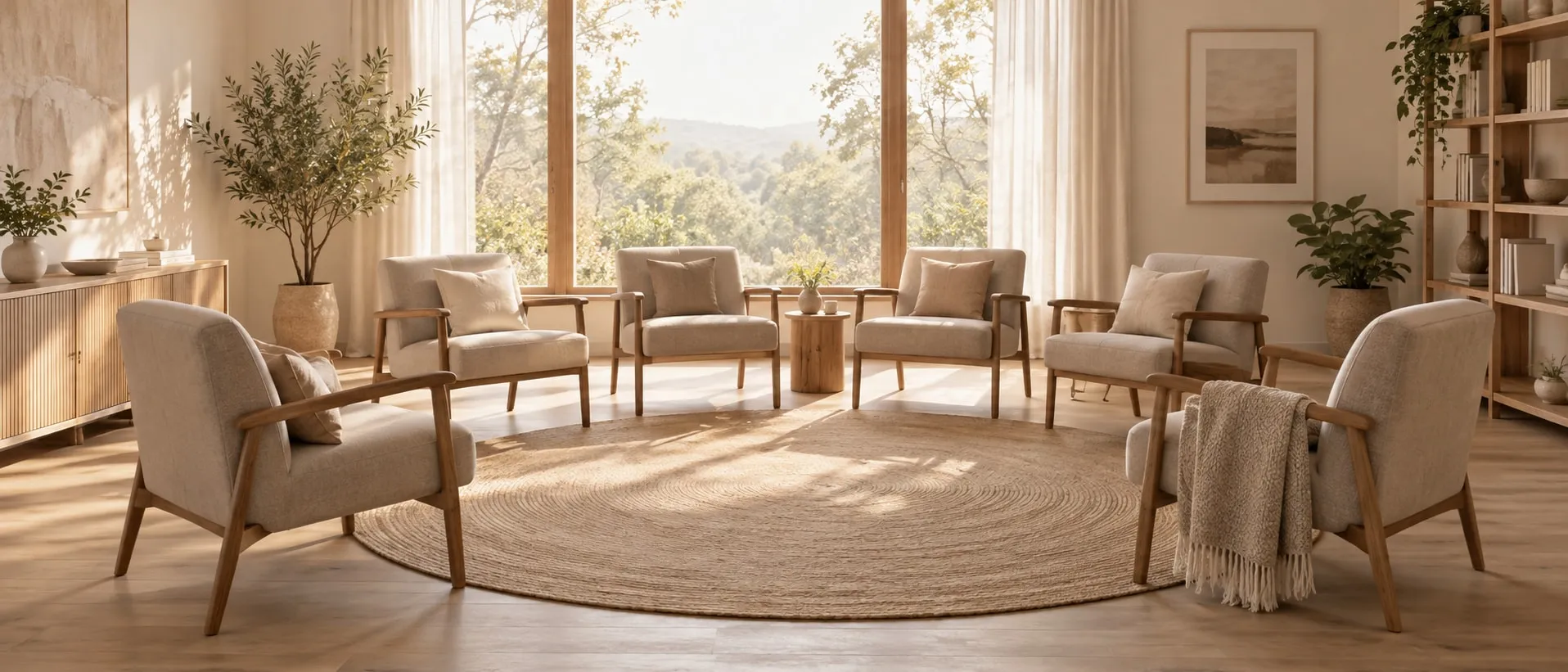 An empty circle of chairs in a warm, softly lit room, set up for a group session