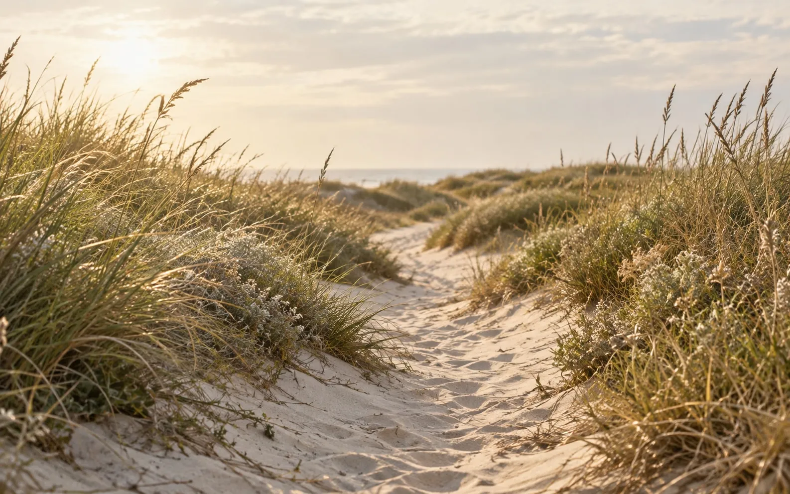 A quiet natural path or shoreline, calm and unhurried