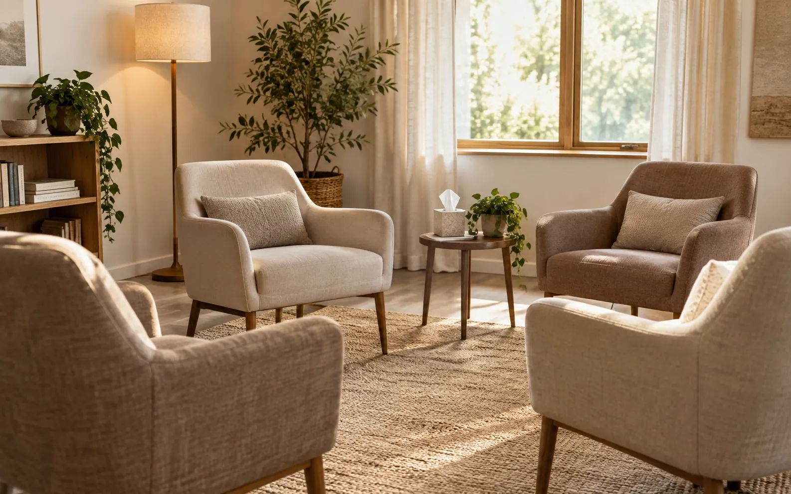 An empty circle of chairs in a warm, softly lit room
