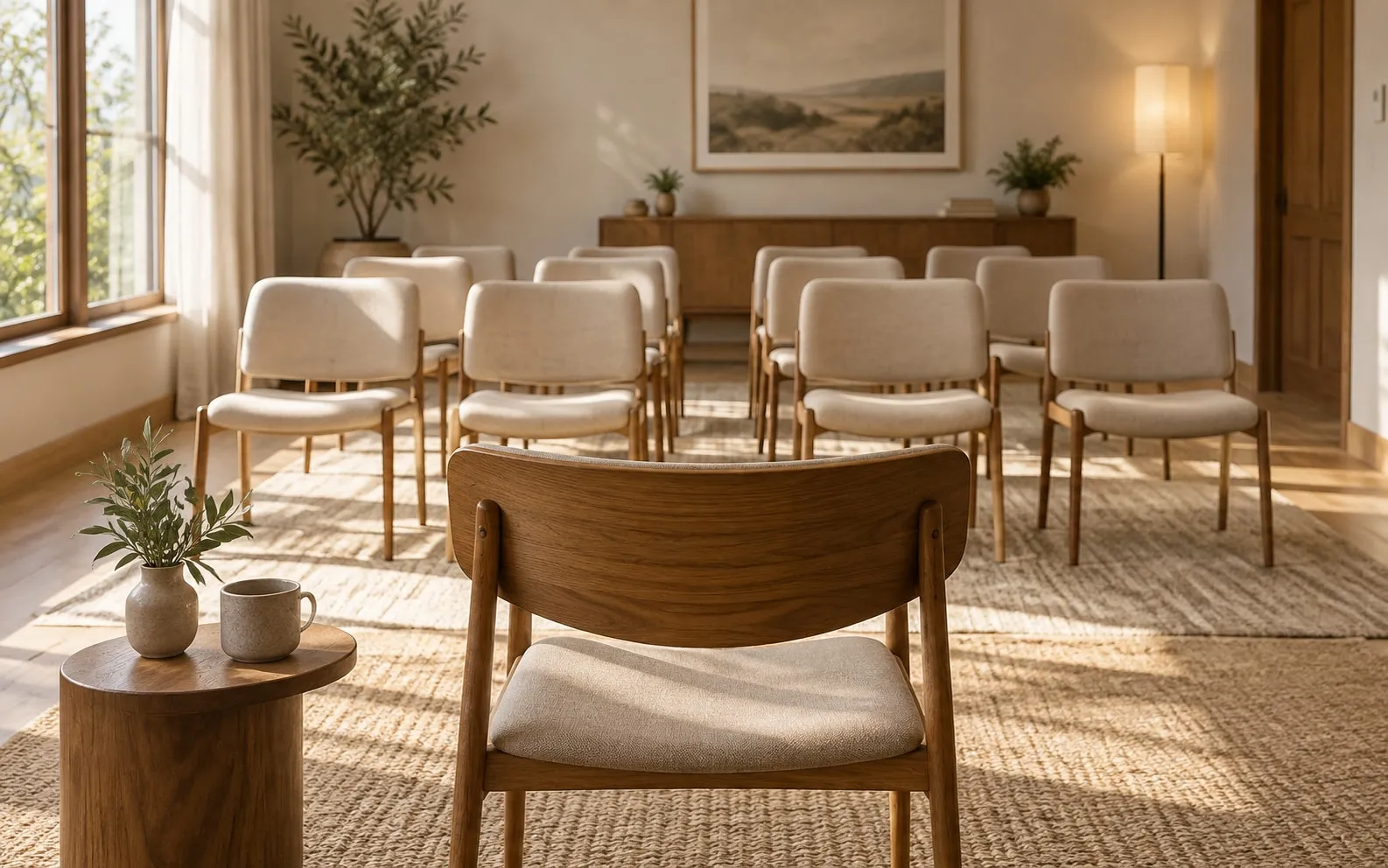 A single chair facing a small audience area in soft light, set up for a talk