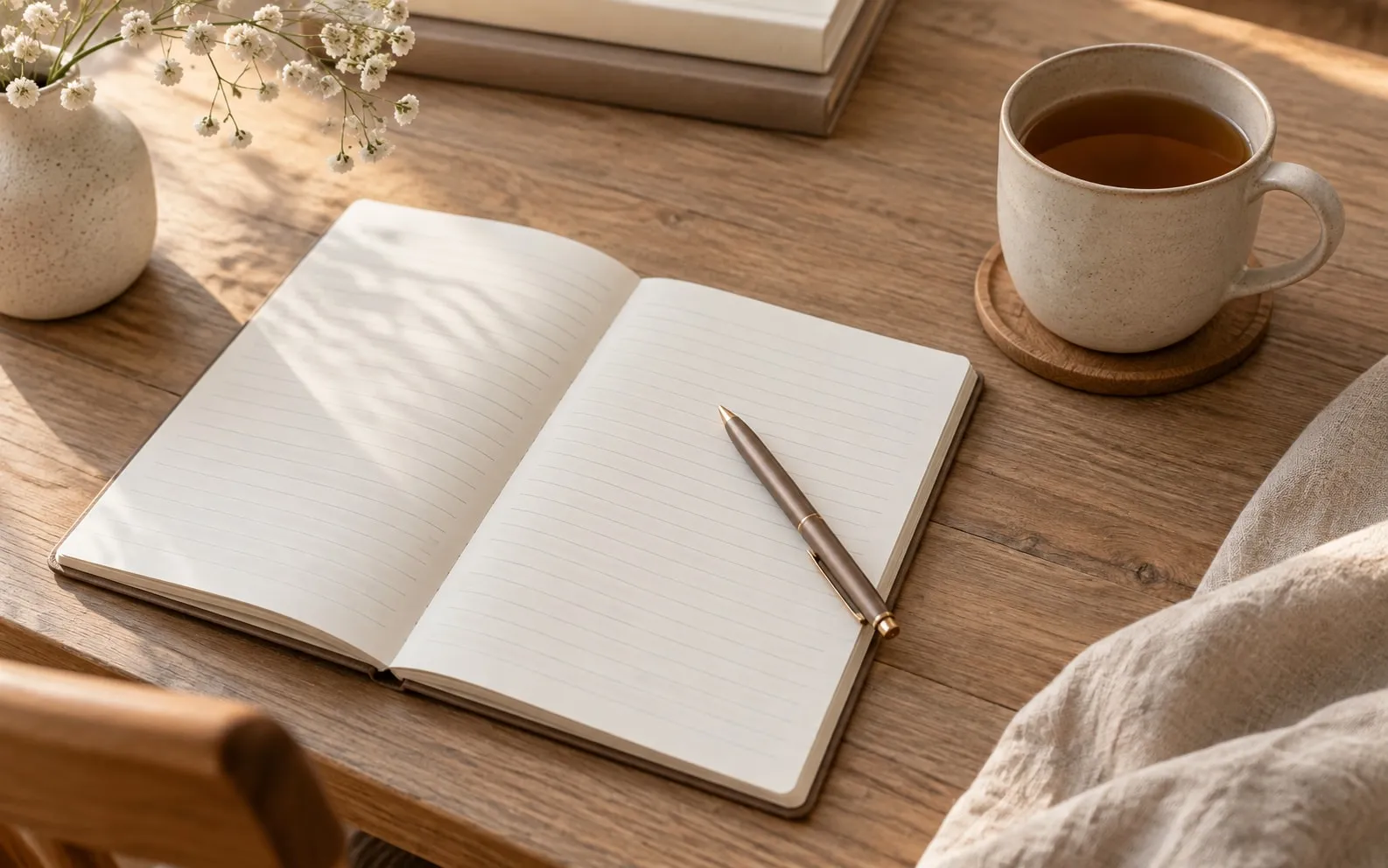 A worksheet, pen, and warm cup on a table, set up for a hands-on workshop