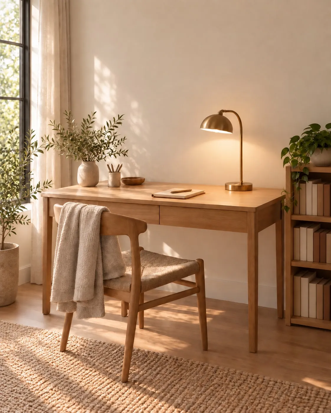 A sunlit wooden desk with a notebook, reading lamp, and plants